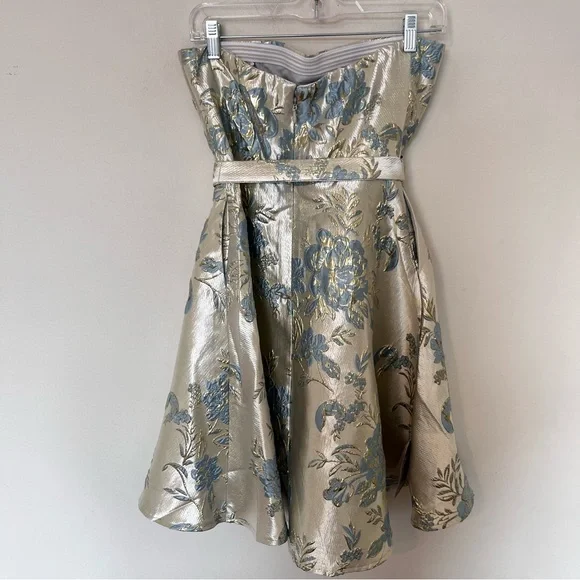 Le Chateau Brocade Strapless Midi Dress Champagne Blue Floral  NWT Small - Picture 7 of 15